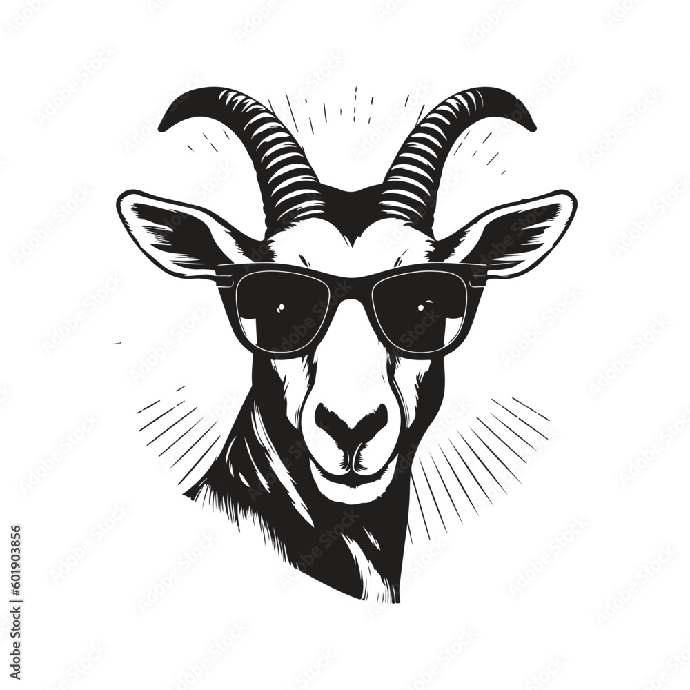 springbok wearing sunglasses, vintage logo line art concept black and white color, hand drawn