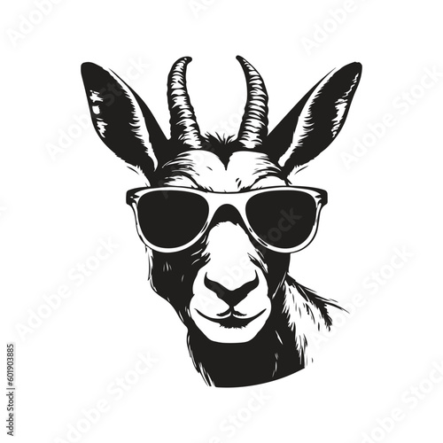 springbok wearing sunglasses, vintage logo line art concept black and white color, hand drawn illustration