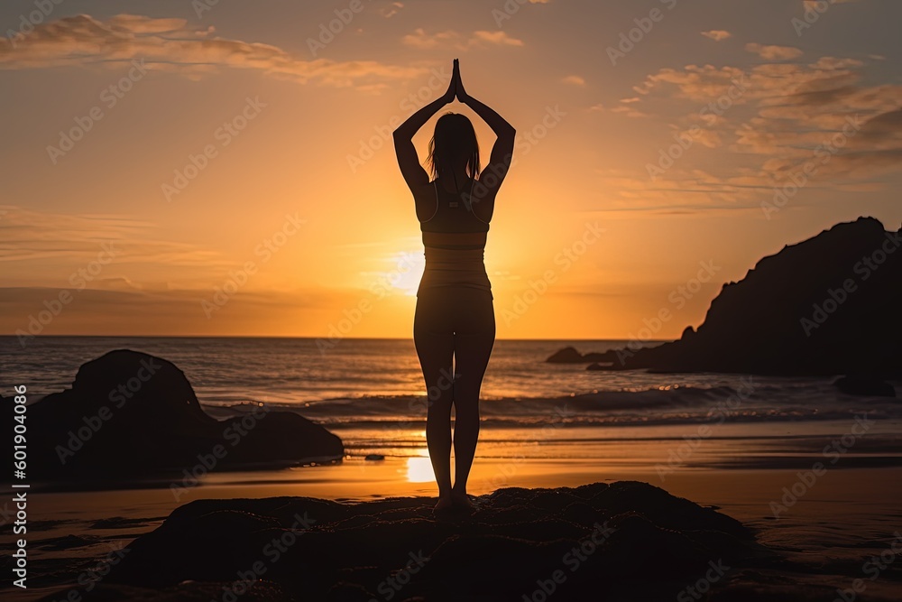A fitness enthusiast doing a yoga pose on a serene beach at sunrise