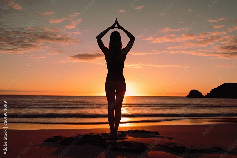 A fit individual gracefully performs a yoga pose on a tranquil beach as the sun rises, embracing the serenity of the moment