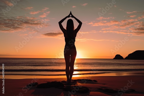 A fit individual gracefully performs a yoga pose on a tranquil beach as the sun rises, embracing the serenity of the moment