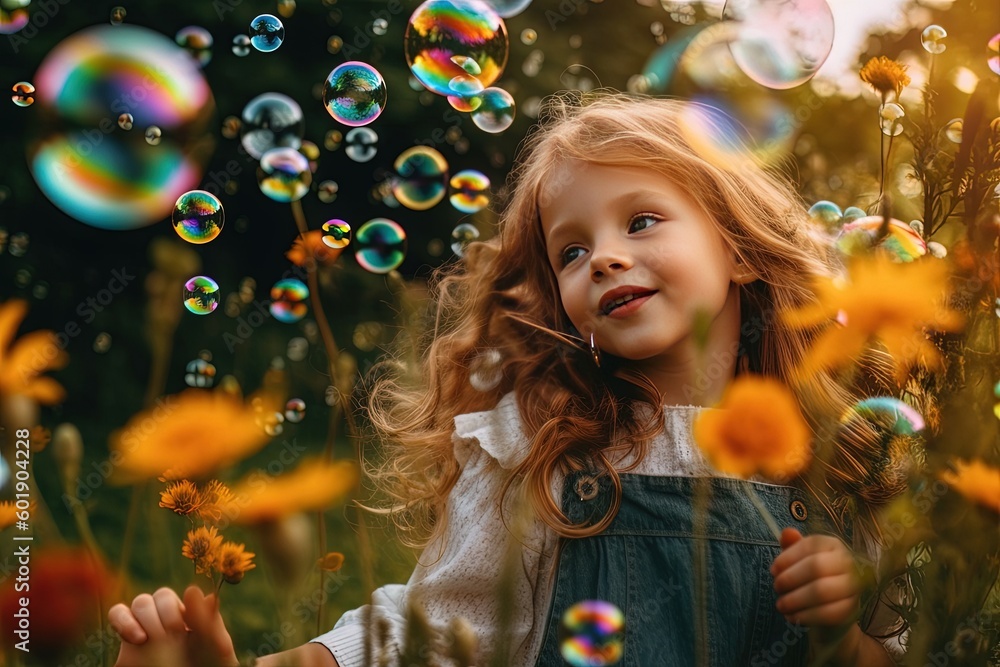 In a picturesque garden, a happy child creates a magical atmosphere, surrounded by vibrant colors and floating bubbles