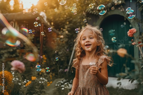 With boundless joy and curiosity, a child blows bubbles in a colorful garden, creating a captivating scene of playful enchantment