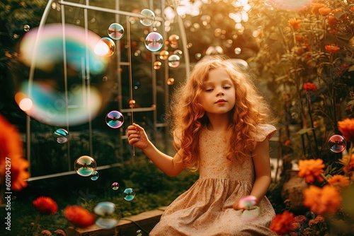 With boundless joy and curiosity, a child blows bubbles in a colorful garden, creating a captivating scene of playful enchantment