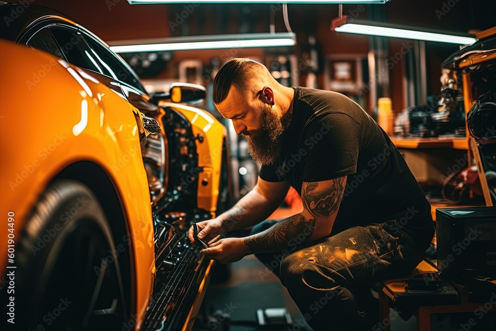 With unwavering concentration, a car mechanic fixes the intricate components of a vehicle, showcasing their problem-solving abilities