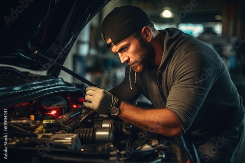 In the realm of automotive repair, a knowledgeable car mechanic diligently attends to a vehicle, offering top-notch service and skillful repairs