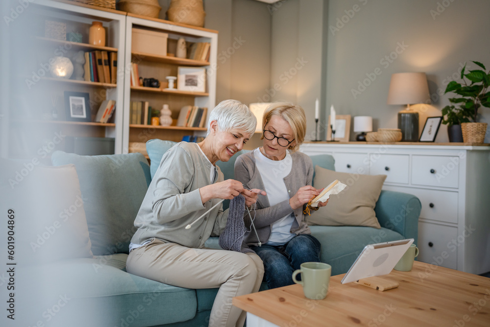 two women senior mature knitting and embroidery during leisure time two women senior mature knitting and embroidery during leisure time