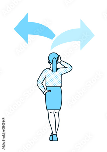 二つの選択肢で迷うビジネスウーマン。比較し、検討する女性のイラスト素材。