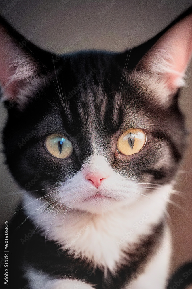 Portrait of a black and white cat. Generative AI.