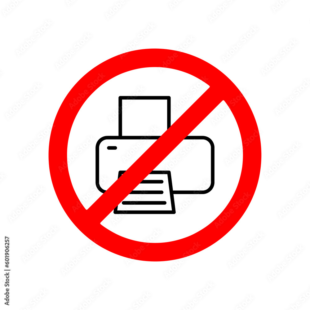 No or Stop. Printer icon. Printout Electronic Device sign. Office equipment symbol. Prohibited ban stop symbol..eps No or Stop. Printer icon. Printout Electronic Device sign. Office equipment symbol. Prohibited ban stop symbol..eps