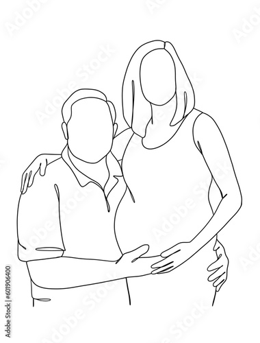 Continuous one line drawing of pregnant woman with husband. Vector illustration.