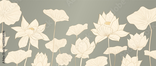 Luxury art background with lotus leaves and flowers with golden elements in art line style. Oriental style botanical banner for decoration, print, textile, wallpaper, interior design, packaging.