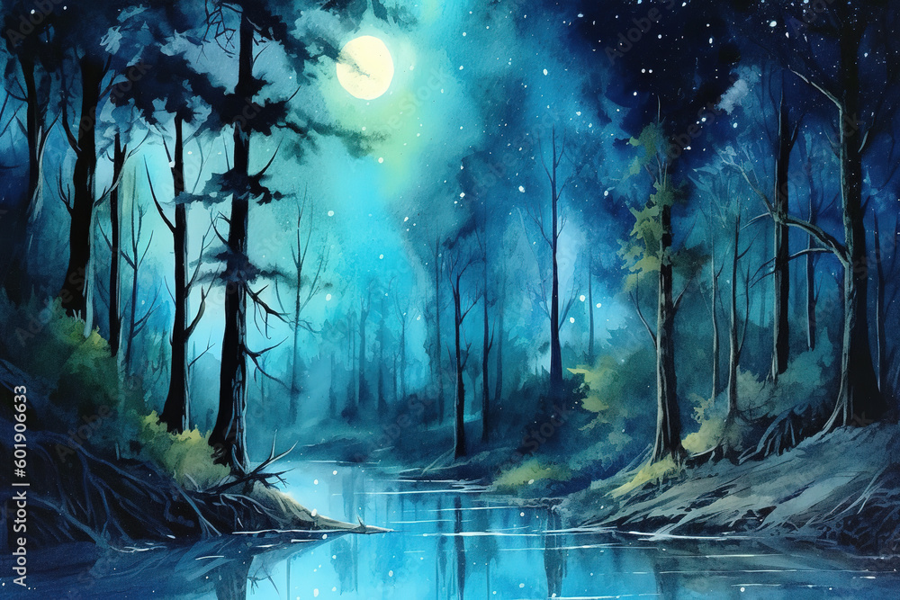 Watercolor painting of a forest in the night. Ai generated