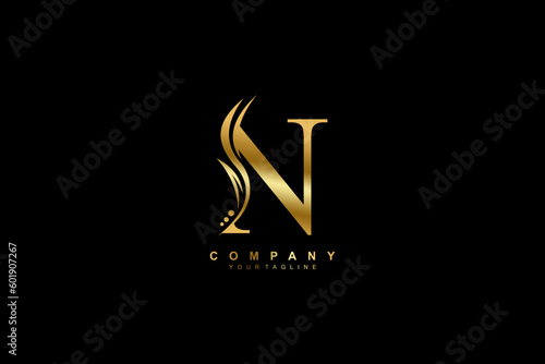 Luxury gold N logo design with feather. premium N letter monogram logo. suitable for business logos, beauty logos, company logos, boutiques, spas, salons, etc