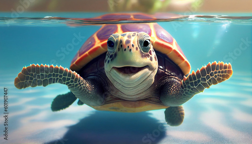 Happy Turtle having fun at summer holidays in a swiming in pool Ai generated image