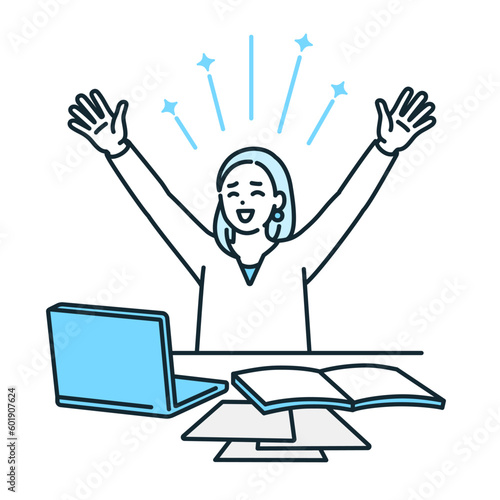 手を挙げる女性。目標を達成し喜ぶビジネスウーマンのイラスト素材。