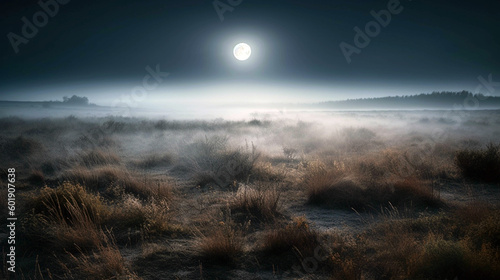 Field with fog with moonlight background. Green field on the background of the night. AI Generative