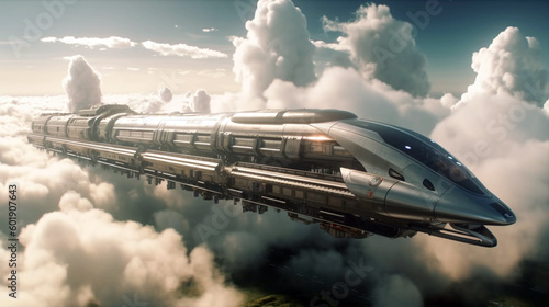 Flying passenger train. Futuristic sci fi city in clouds. concept of the future. AI Generative