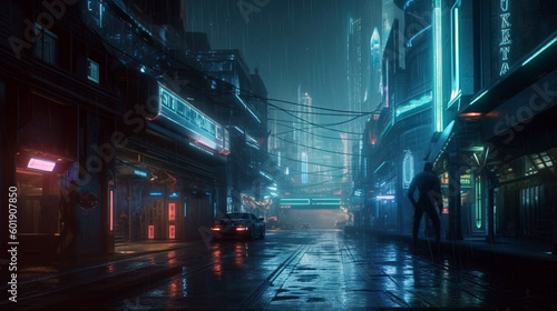 futuristic city street with blue and green neon light. Empty night city street. AI Generative