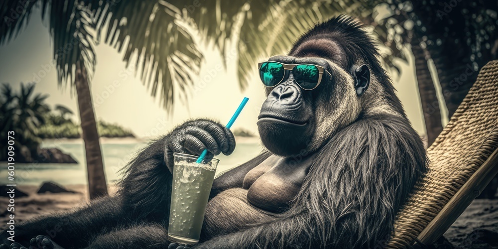 gorilla is on summer vacation at seaside resort and relaxing on summer beach Generative AI - obrazy, fototapety, plakaty 