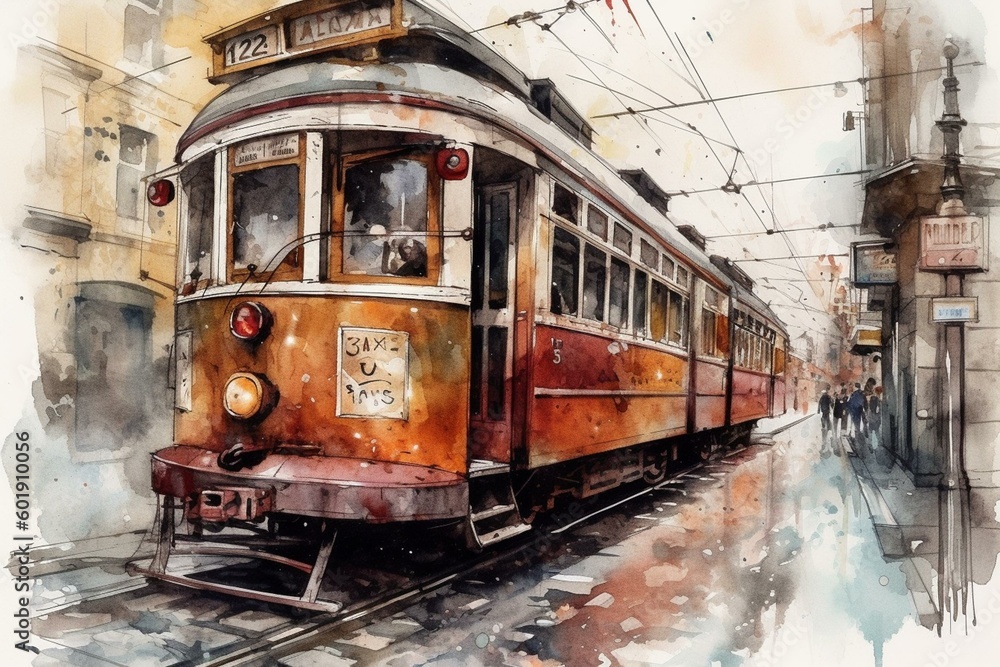 Watercolor sketch of nostalgic vintage tram on Istanbul's Istiklal street. Operates on Taksim-Tunel line. Generative AI