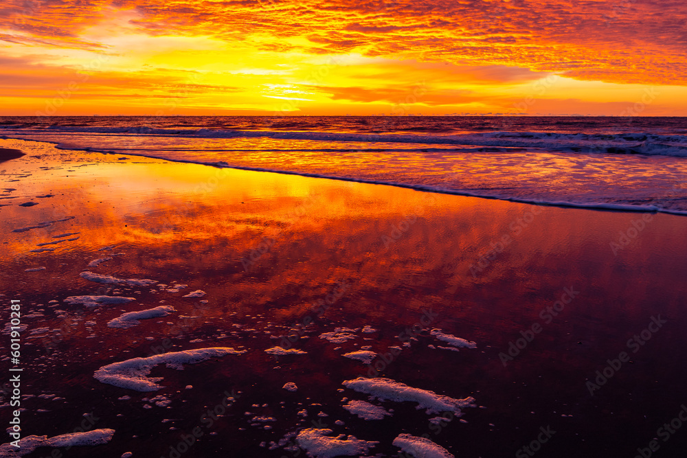 Glowing Seaside Sunrise and Beach Reflections