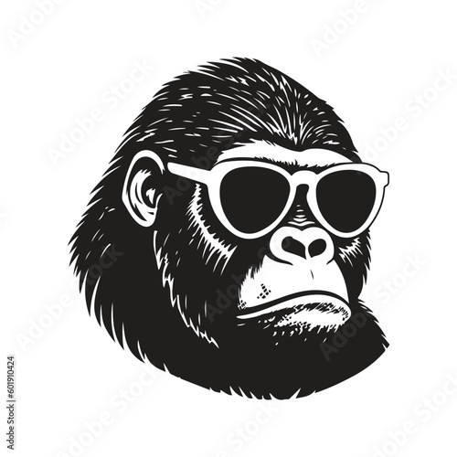 gorilla wearing sunglasses, vintage logo line art concept black and white color, hand drawn illustration