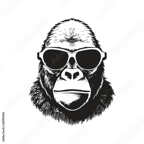 gorilla wearing sunglasses, vintage logo line art concept black and white color, hand drawn illustration