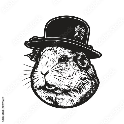 guinea pig wearing hat, vintage logo line art concept black and white color, hand drawn illustration