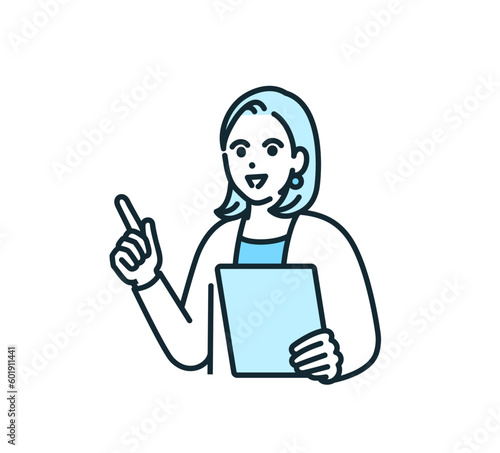 指差しする女性。説明するビジネスウーマンのイラスト素材。