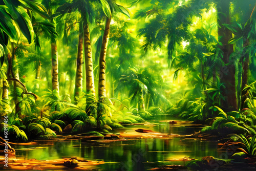 Painting. Jungle. Art. Nature. AI generated. Forest. Tropical. Wildlife. Greenery. Botanical. Abstract. Contemporary. Canvas. Digital art. Colorful. Exotic. Landscape. Rainforest. Modern. Vibrant.