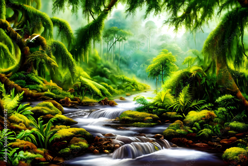 Fototapeta premium Painting. Jungle. Art. Nature. AI generated. Forest. Tropical. Wildlife. Greenery. Botanical. Abstract. Contemporary. Canvas. Digital art. Colorful. Exotic. Landscape. Rainforest. Modern. Vibrant.