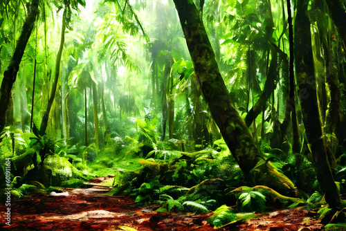Wallpaper Mural Painting. Jungle. Art. Nature. AI generated. Forest. Tropical. Wildlife. Greenery. Botanical. Abstract. Contemporary. Canvas. Digital art. Colorful. Exotic. Landscape. Rainforest. Modern. Vibrant. Torontodigital.ca