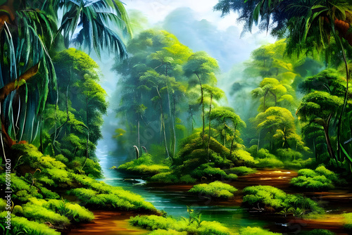 Painting. Jungle. Art. Nature. AI generated. Forest. Tropical. Wildlife. Greenery. Botanical. Abstract. Contemporary. Canvas. Digital art. Colorful. Exotic. Landscape. Rainforest. Modern. Vibrant.