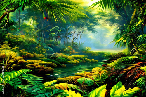 Painting. Jungle. Art. Nature. AI generated. Forest. Tropical. Wildlife. Greenery. Botanical. Abstract. Contemporary. Canvas. Digital art. Colorful. Exotic. Landscape. Rainforest. Modern. Vibrant. © Say it with silence.