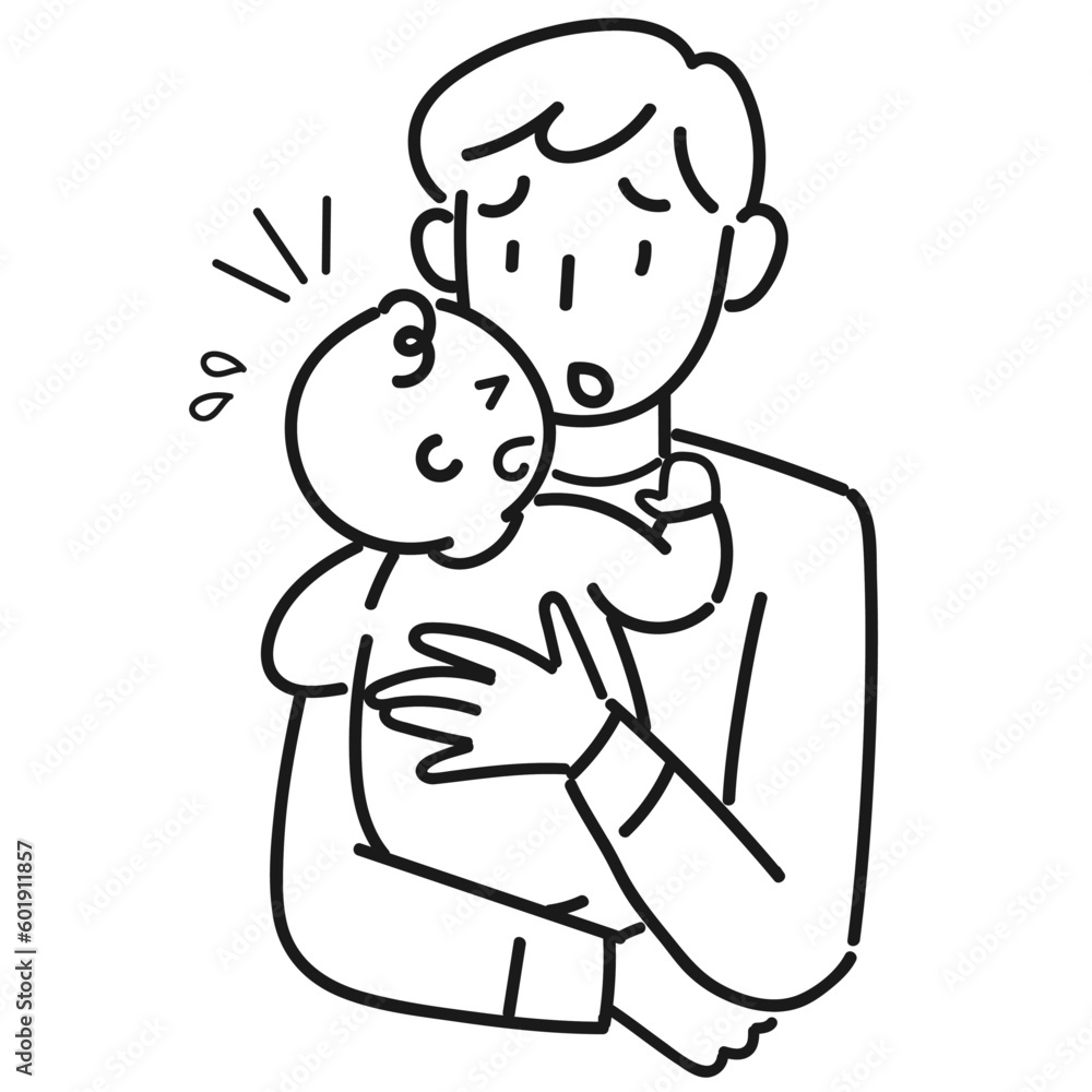 泣く赤ちゃんを抱いて困っている若い男性の上半身