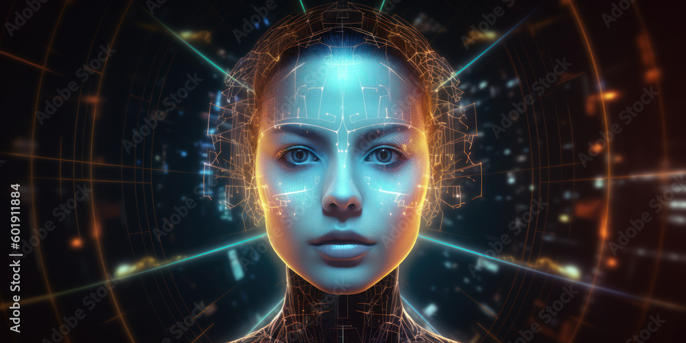 Portrait of artificial intelligence girl robot cyber technology. AI Generation 