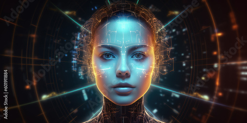 Portrait of artificial intelligence girl robot cyber technology. AI Generation 