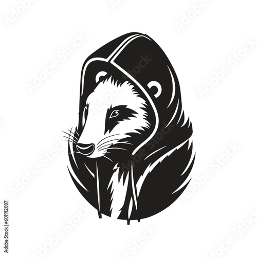 skunk wearing hoodie, vintage logo line art concept black and white color, hand drawn illustration