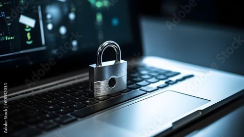 Cyber Security and Data Protection: Secure Login Interface, Padlock on Laptop Keyboard as a Symbol of Strong Cybersecurity Measures, Protection against Hacker Attacks and Malware