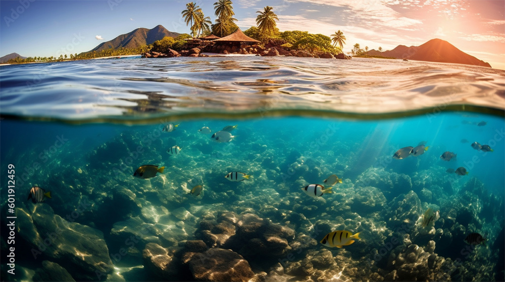 Transparência da água do mar em uma paisagem paradisíaca criado por IA - obrazy, fototapety, plakaty 