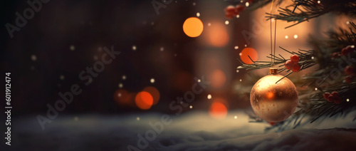 Christmas Card with free space left. Banner. Decorated New year tree on bokeh background. Generative ai