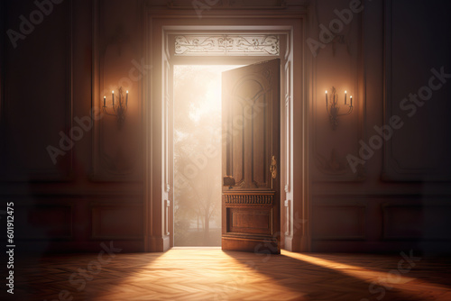 Light shining from open door. An open door to a bright future success and prosperity. Entrance. Realistic 3D illustration. Generative AI