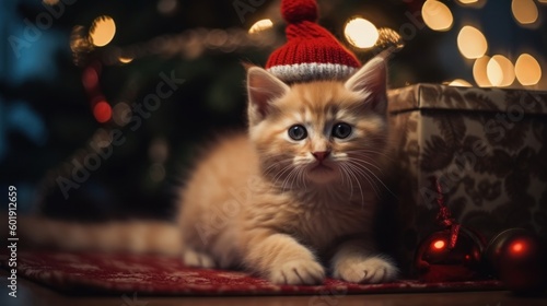 Cute kitty in santa's red hat is sitting near a Christmas tree and gifts. Bokeh background. Christmas and new year card. Generative ai