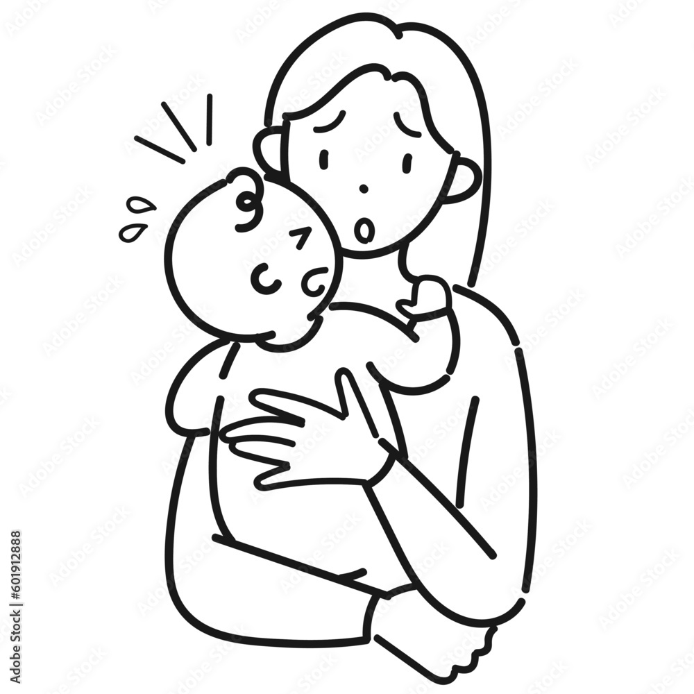 泣く赤ちゃんを抱いて困っている若い母親の上半身 泣く赤ちゃんを抱いて困っている若い母親の上半身