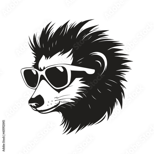 skunk wearing sunglasses, vintage logo line art concept black and white color, hand drawn illustration