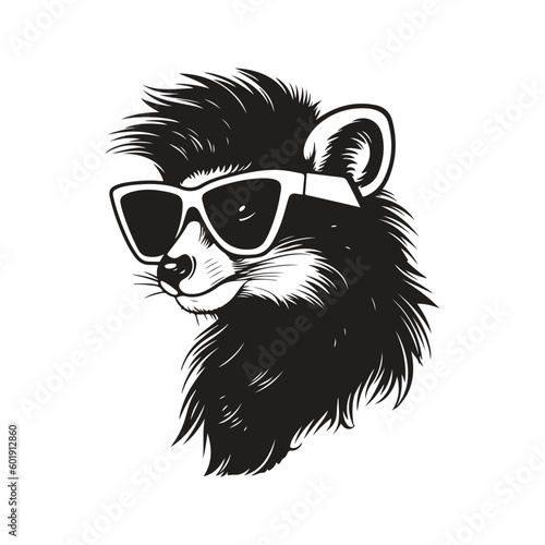 skunk wearing sunglasses, vintage logo line art concept black and white color, hand drawn illustration