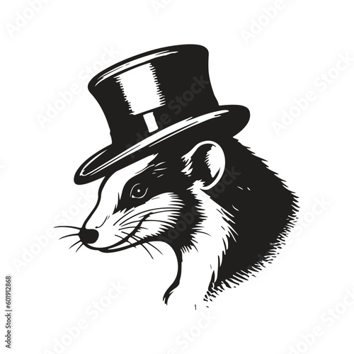 skunk wearing hat, vintage logo line art concept black and white color, hand drawn illustration
