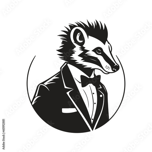 skunk wearing suit, vintage logo line art concept black and white color, hand drawn illustration