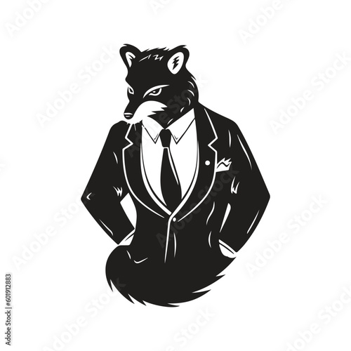 skunk wearing suit, vintage logo line art concept black and white color, hand drawn illustration